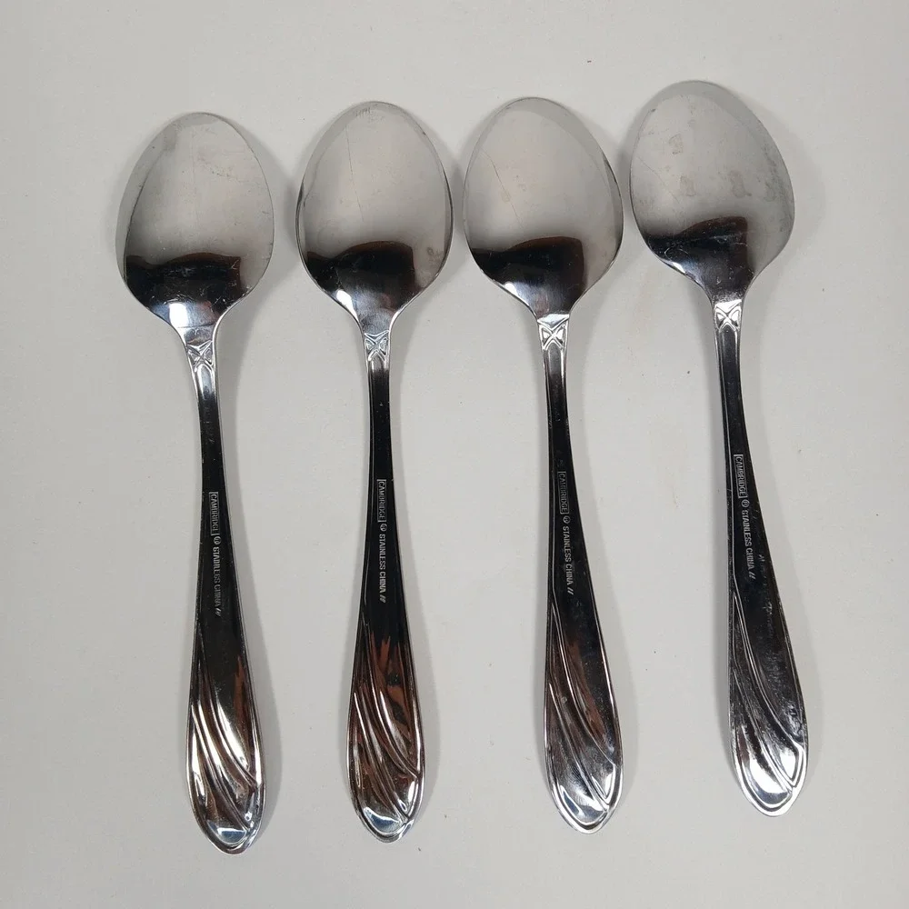 (4) Cambridge Medina Soup Spoon Stainless Steel Silverware Glossy Satin Frosted